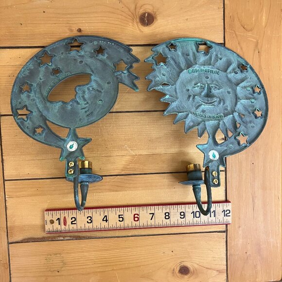 Partylite Celestial Wall Sconce Taper Candle Holder Sun & Moon 90s Patina Brass - Picture 5 of 7